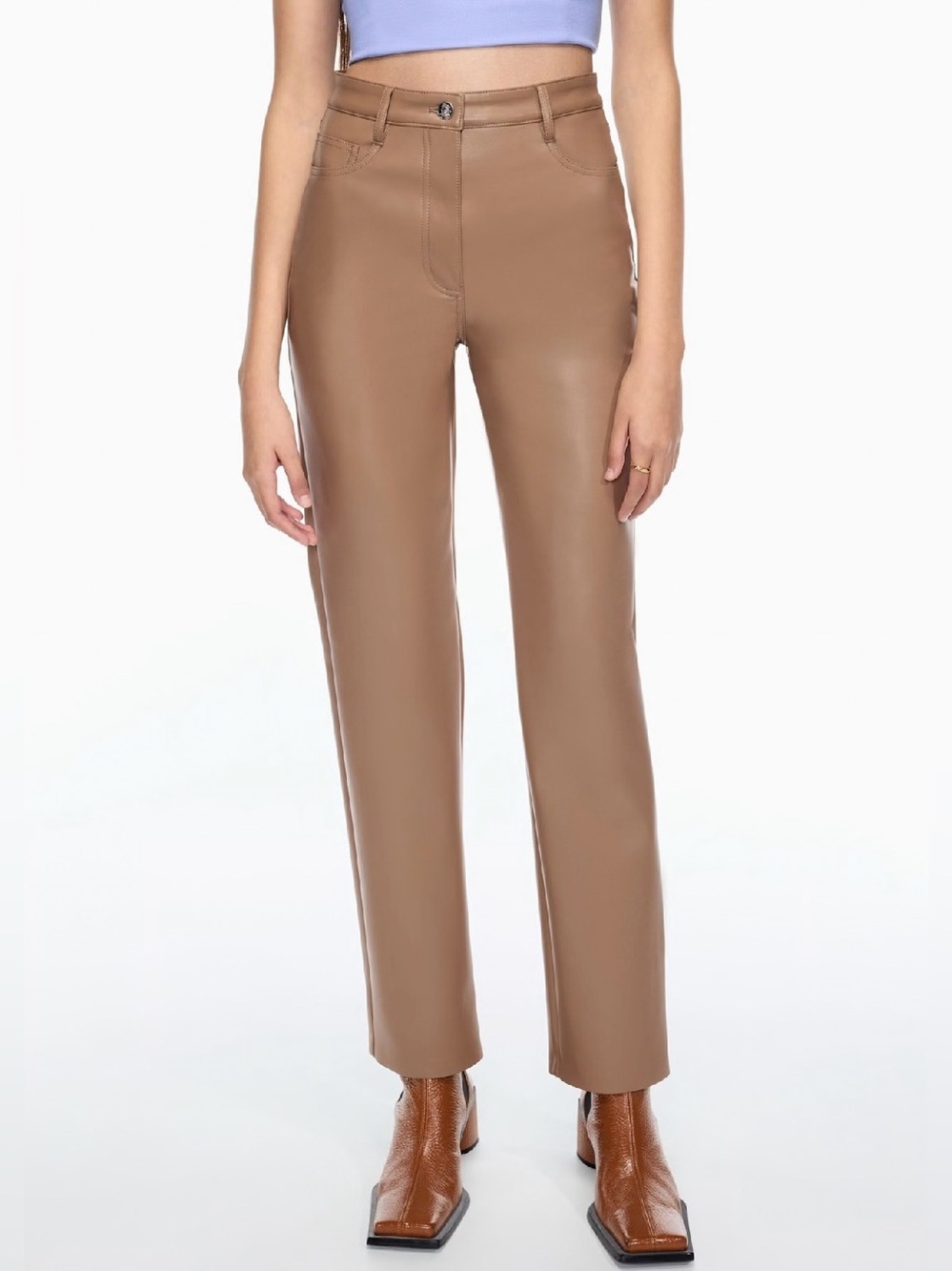 Aritzia Wilfred Melina Brown Vegan Leather Straight Leg High Waisted Tall Pant